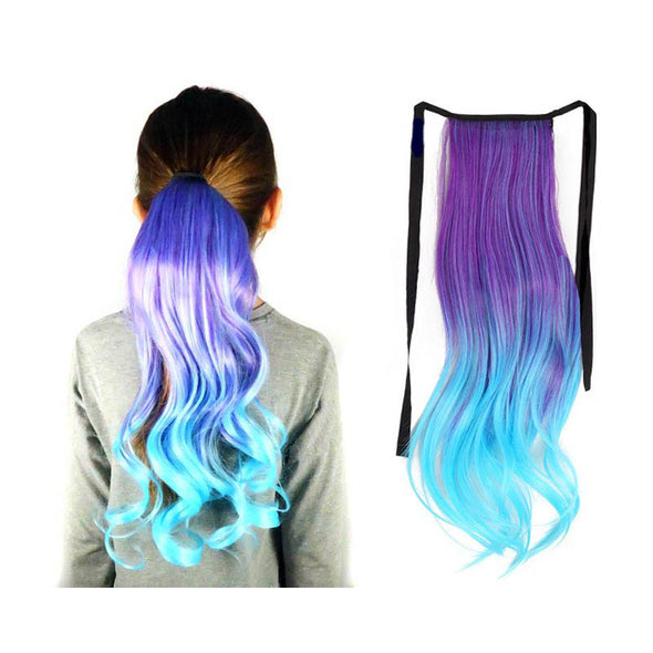 Ponytail hair extension in purple to lavender to aqua ombre