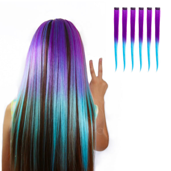 Purple to bright blue aqua synthetic clip in unicorn hair mermaid hair extensions 