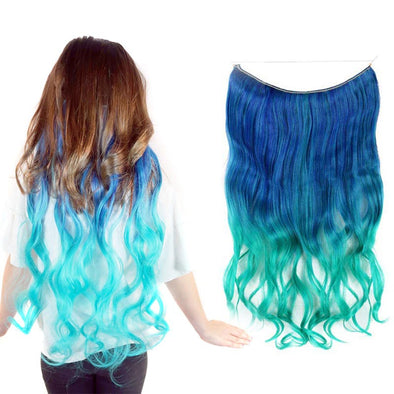 Model wearing a teal blue and aqua ombre halo hair extension next to the product image against a white background.