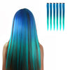 A model wears a set of teal blue, green and aqua colored clip-in hair extensions