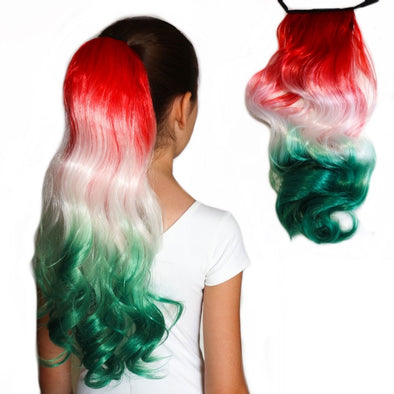 Christmas hair extension  in red to white to green ombre.  Synthetic ponytail hair extensions for kids