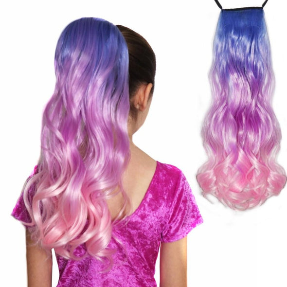 Pastel ponytail extension in baby blue, lavender lilac purple and soft pink