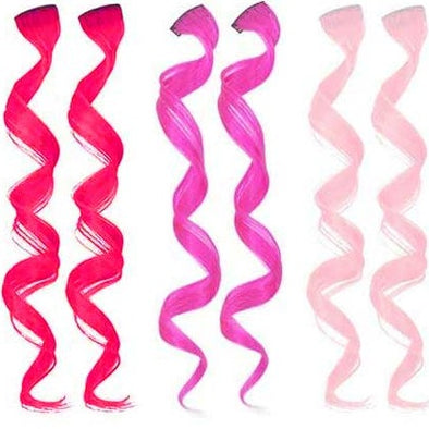 Neon pink, hot pink and pastel pink clip-in synthetic hair extensions for kids and teens