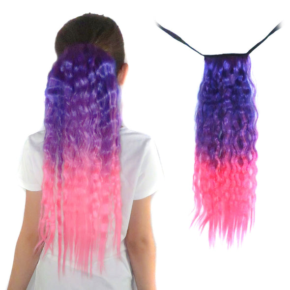 Wavy purple to pink ponytail hair extension for kids and teens